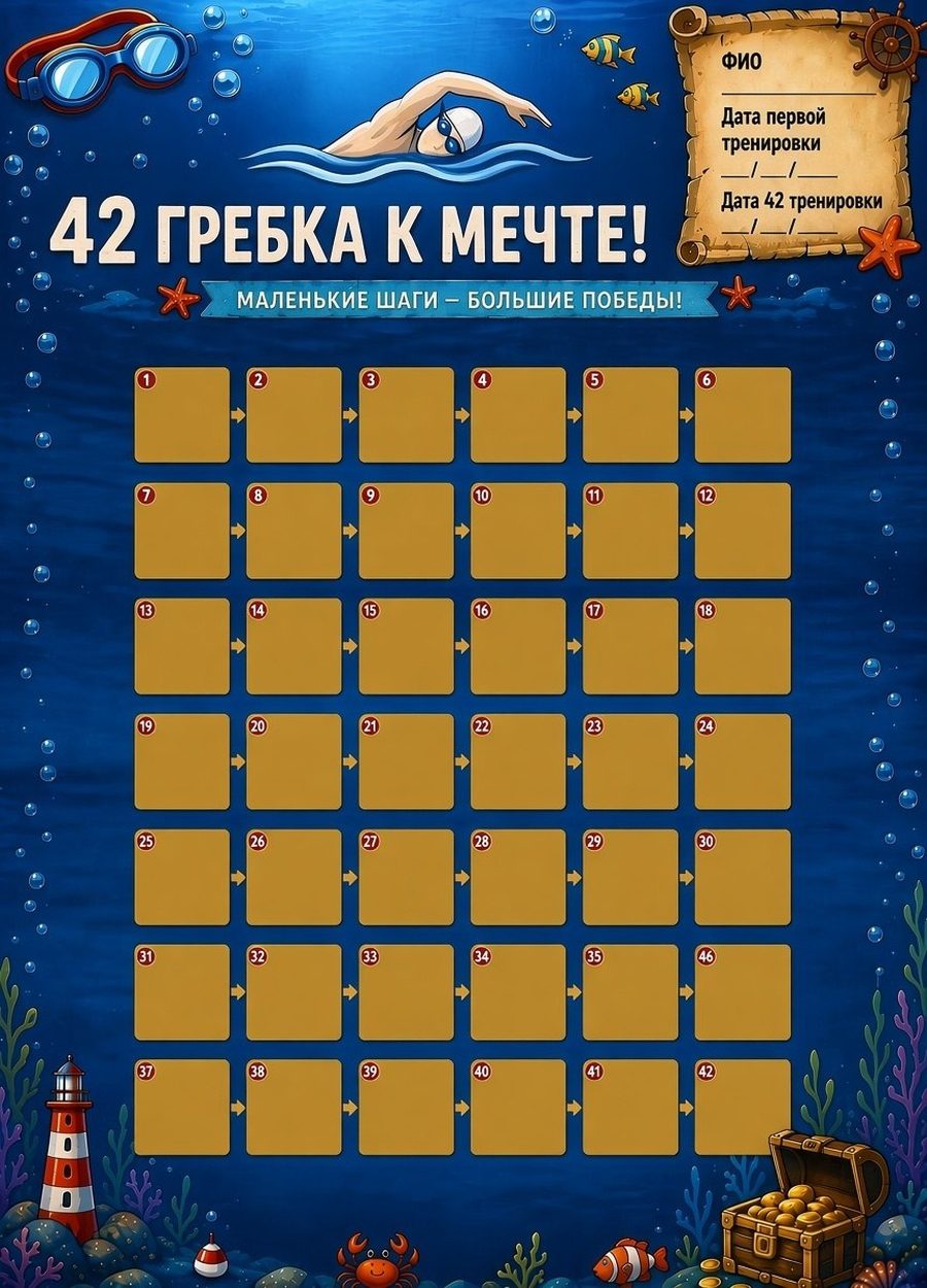 Плакат «42 гребка к мечте» с нестёртыми золотыми клетками